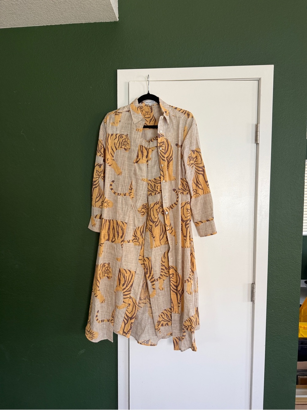 Tiger Print Button-Front tunic and pants in Beige and Mustard